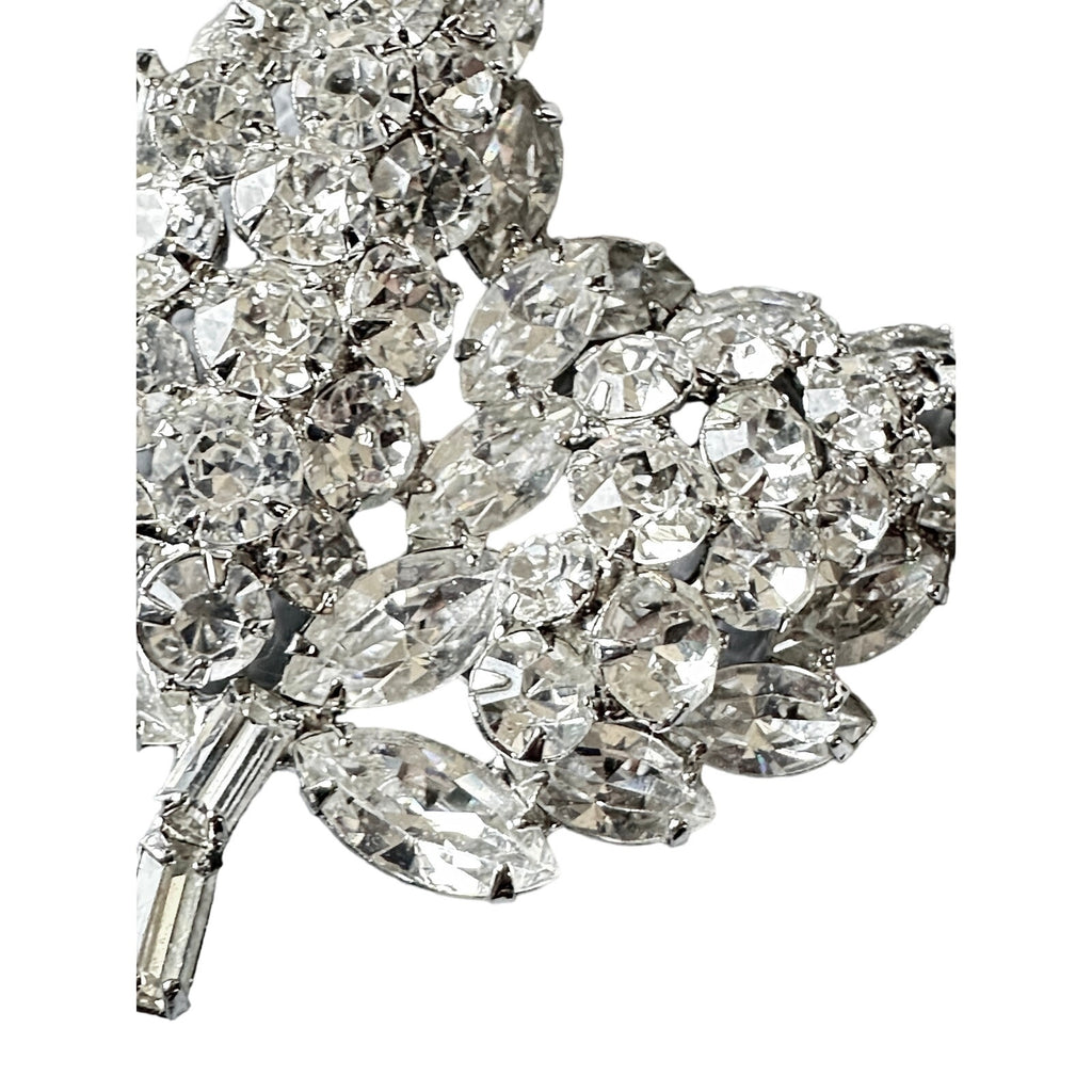Retro vtg Weiss 1960's Signed Large 3D Clear Rhinestone Pin Brooch Double Leaf Weiss