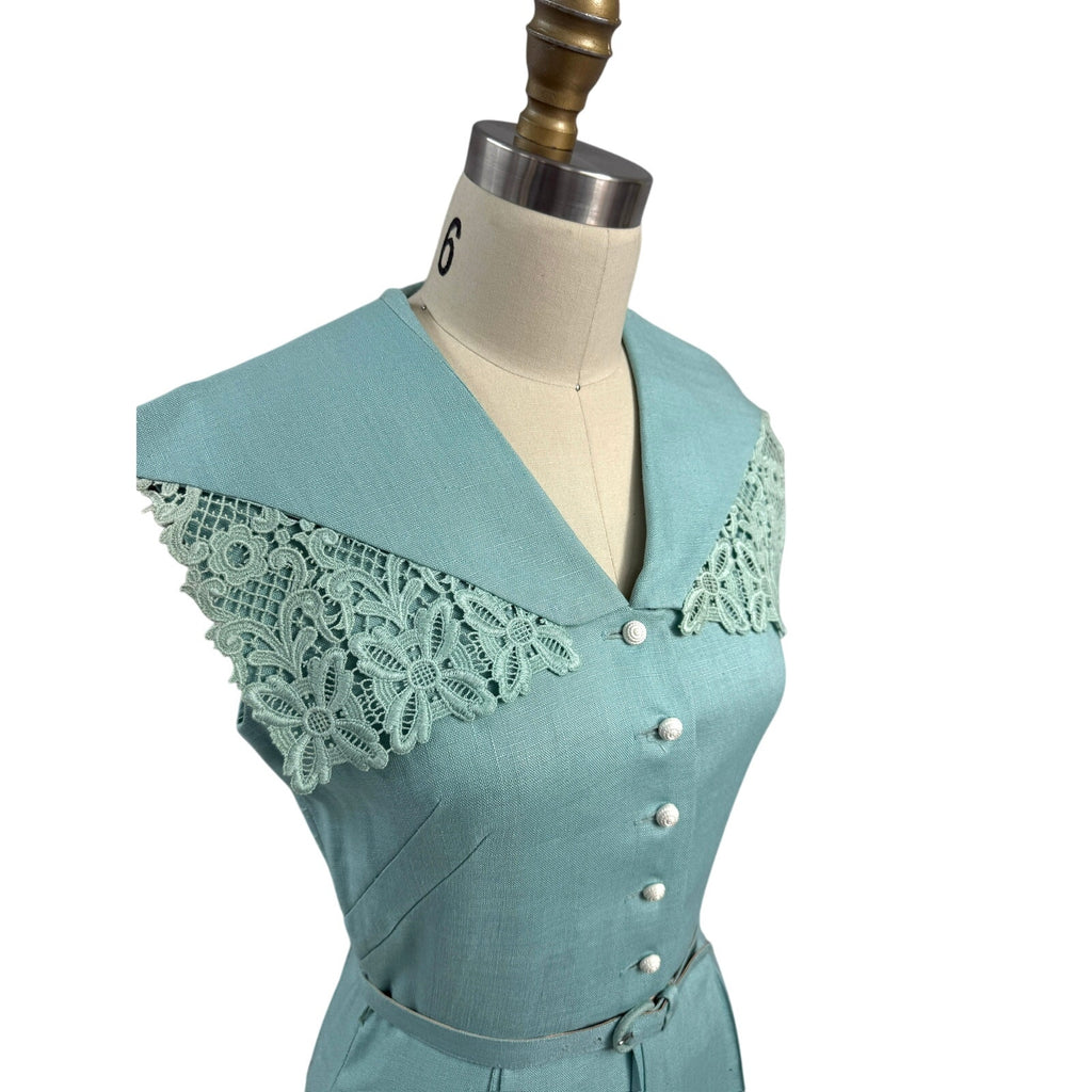 1940s 1950s VTG Bob Low Sz S 6 Aqua Blue Sleeveless Linen Day Dress Lace Collar Bob Low