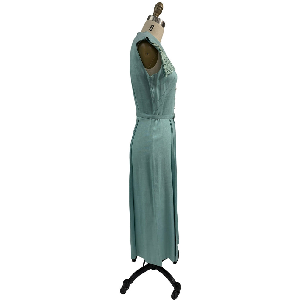 1940s 1950s VTG Bob Low Sz S 6 Aqua Blue Sleeveless Linen Day Dress Lace Collar Bob Low