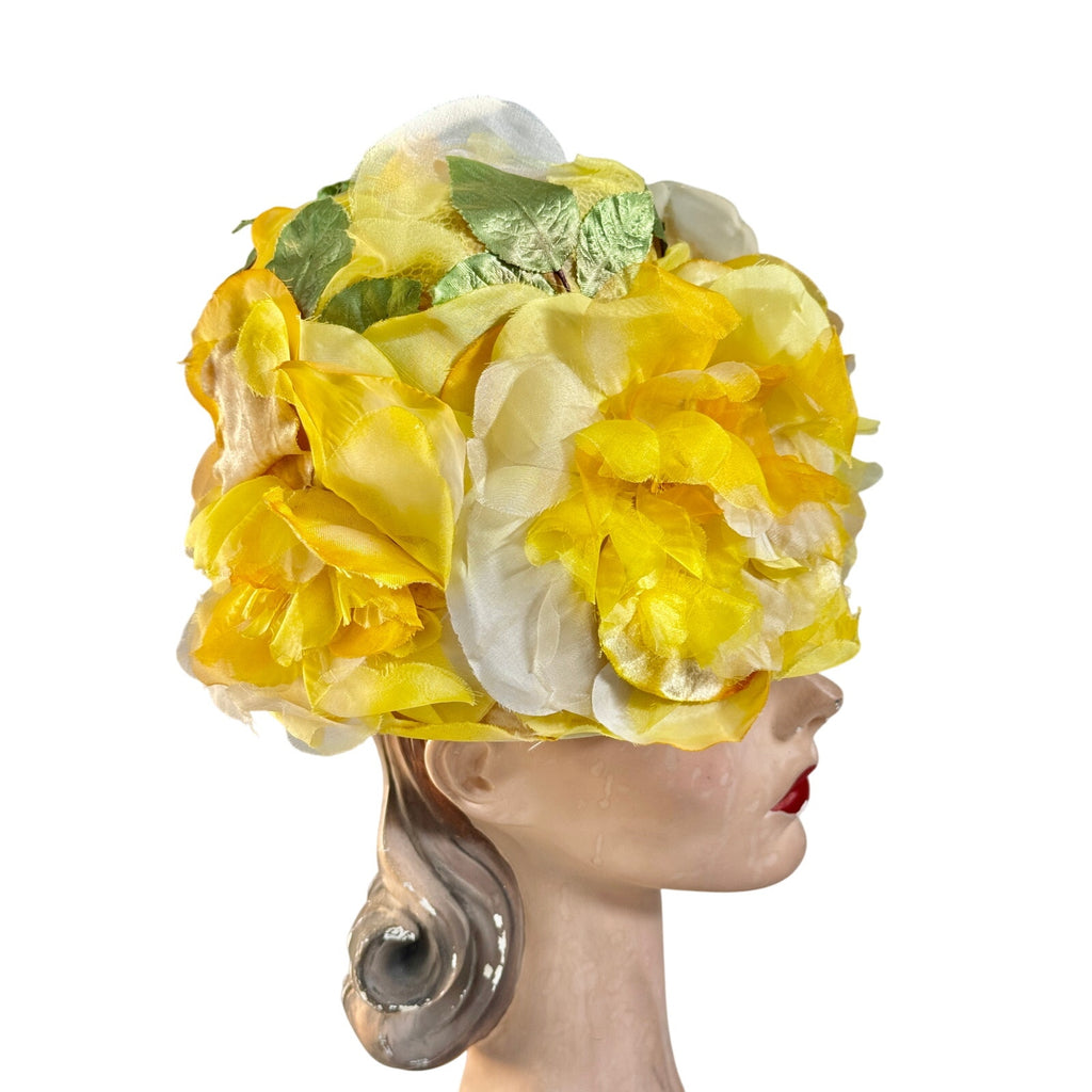 1950s VTG Bucket Hat Floral Fantasy Huge Yellow Silk Flowers Garden Party O/S Unbranded