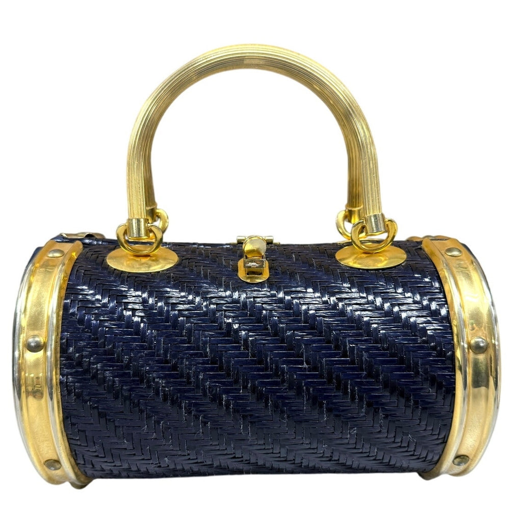 Adorable 1950s-60s Barrel Box Purse Blue Laminated Rattan Italian Handbag MADE IN ITALY