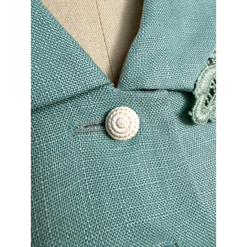 1940s 1950s VTG Bob Low Sz S 6 Aqua Blue Sleeveless Linen Day Dress Lace Collar Bob Low