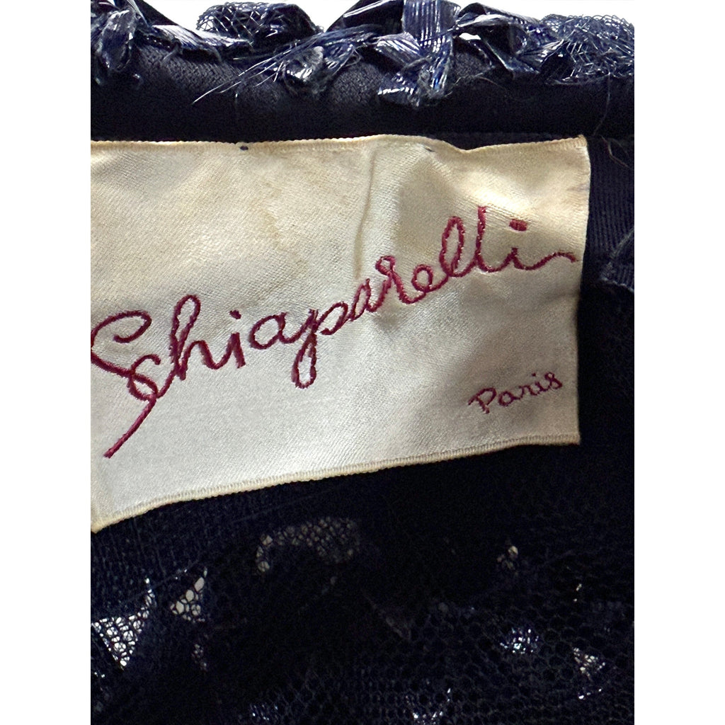 1950s 60s Schiaparelli Hat Vintage MCM Dark Blue Cellophane Straw Pillbox Sz S Schiaparelli