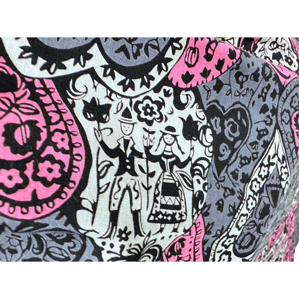 Fab 50s VTG Pink Grey Pleated Full Skirt Heart Pattern Belt Loops S Cotton Handmade