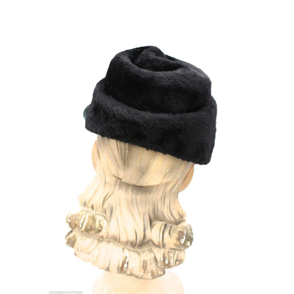 James Campbell VTG Hat Black Mousse Leather Leaves Feathers 1950s + Hat box James Campbell