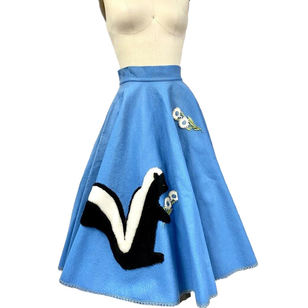 1950’s Felt NWT Sid Harris Skunk Applique Circle Skirt XS Rockabilly Red Or Blue Sid Harris