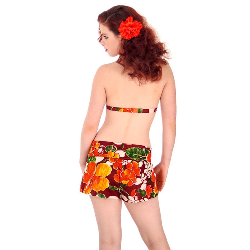 VTG 70s Hawaiian Bikini Set Halter Bra + Boy Leg Shorts Retro Swim S/M Unbranded