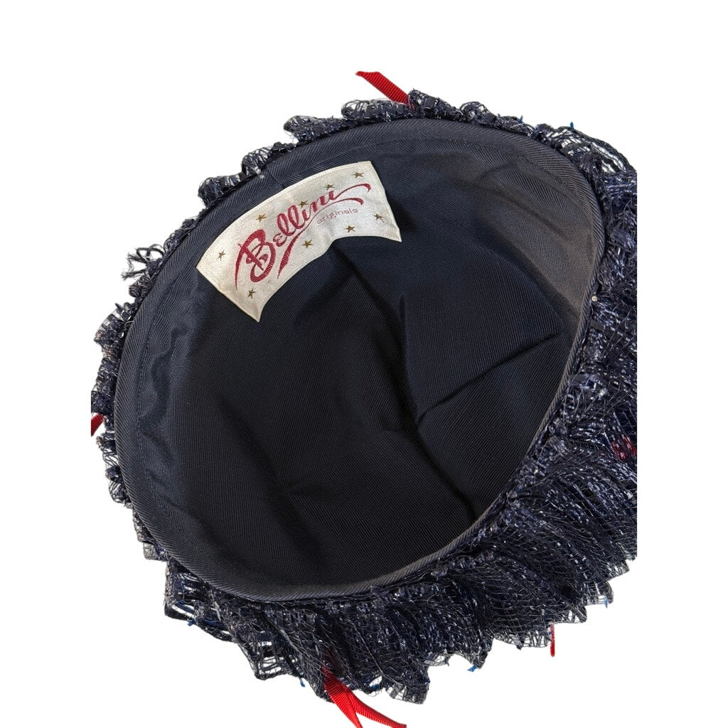 60s Womens Hat Bellini Blue Cellophane Straw Bubble Hat Red Ribbon Accents SZ M Bellini