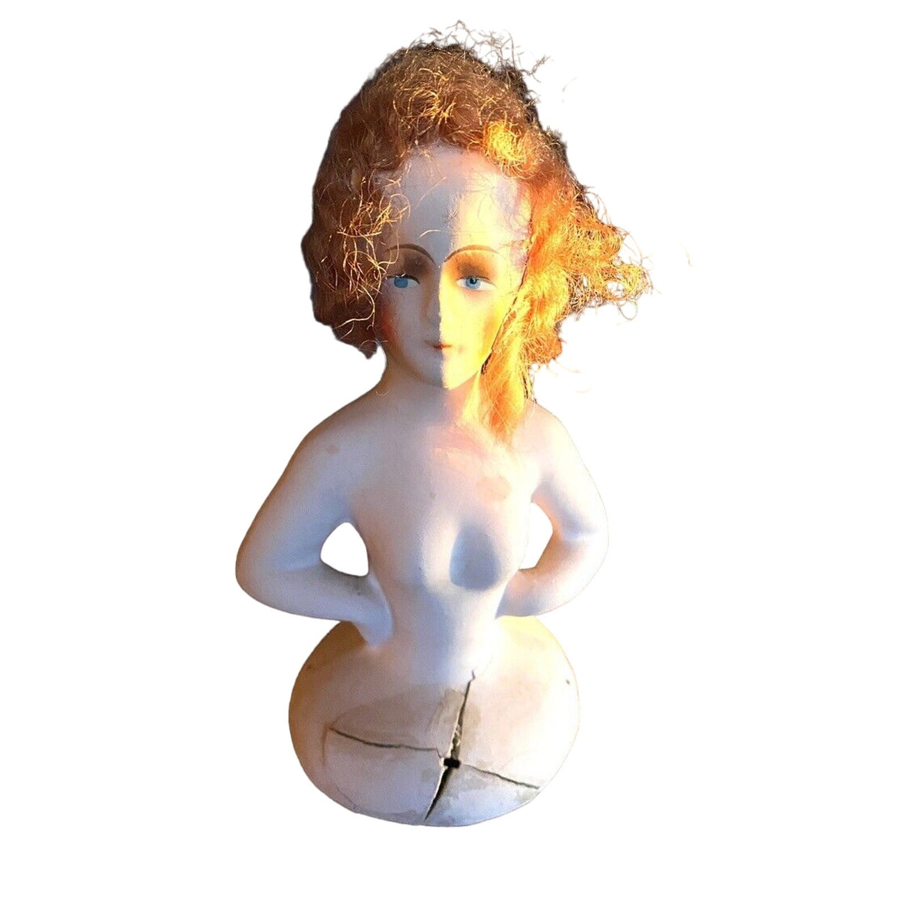 Antique Paper Mache Boudoir Pin Cushion Half Doll Red Head Human Hair German Boudoir