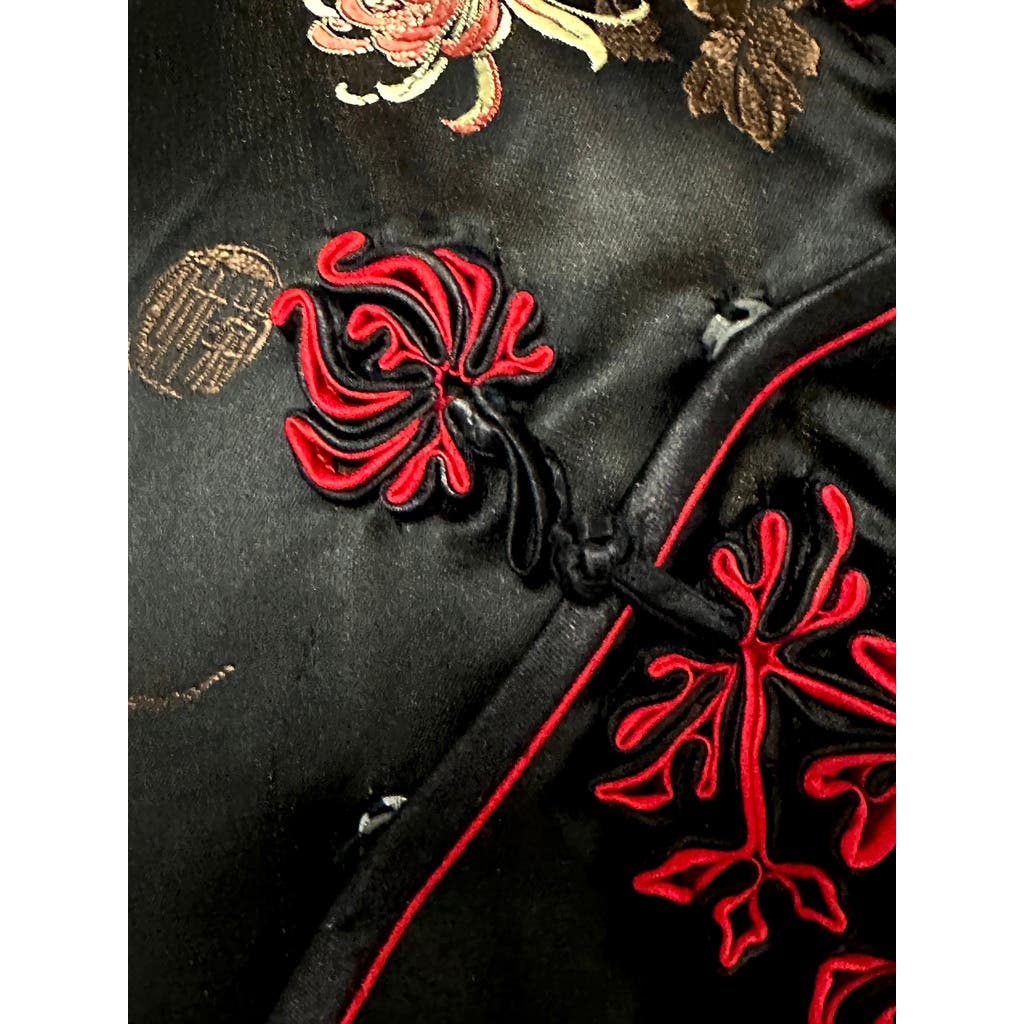 VTG Squirrel Black /Floral Satin Cheongsam Wiggle Dress Sz 40 Medium Red Mums Squirrel