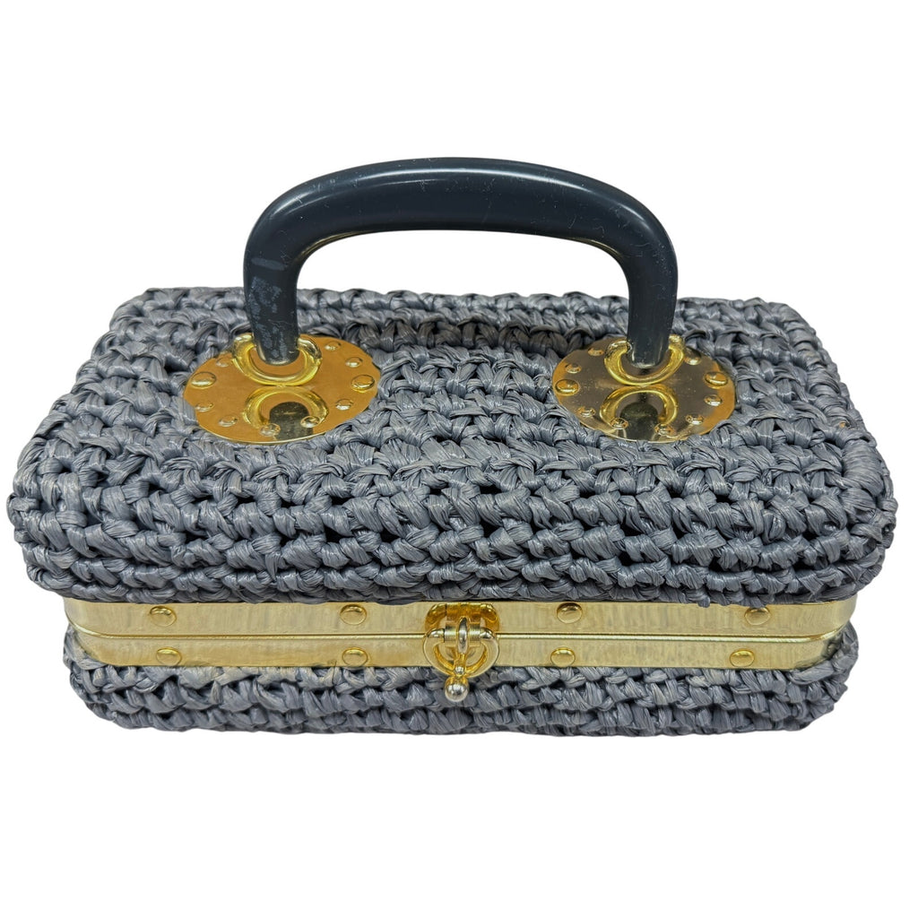 VTG 1960s Raffia Box Purse Gray Gold Meadallion Hardware Hard Sided Mini Unbranded