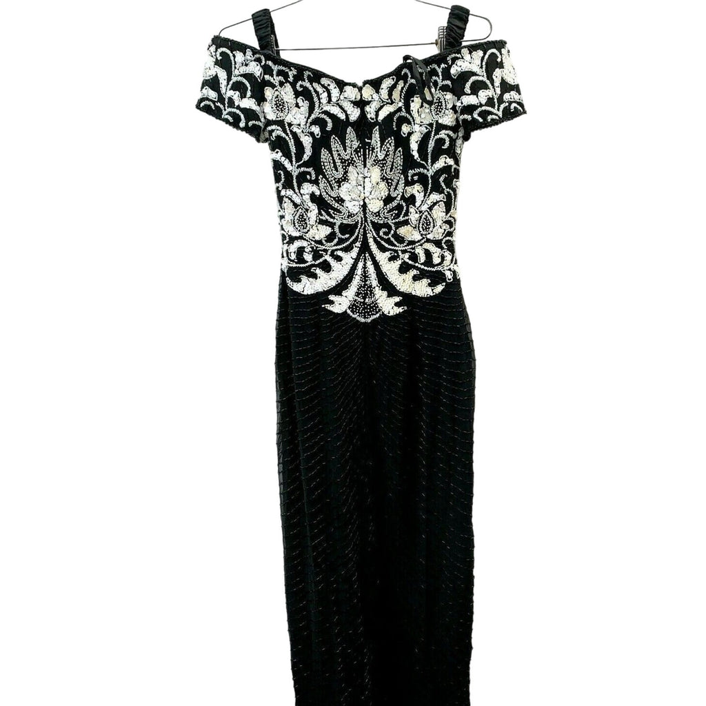 Retro Alyce Designs Vintage Puffy Sleeve Beaded Gown Black Dress Sz 4 80s Glam Alyce Designs