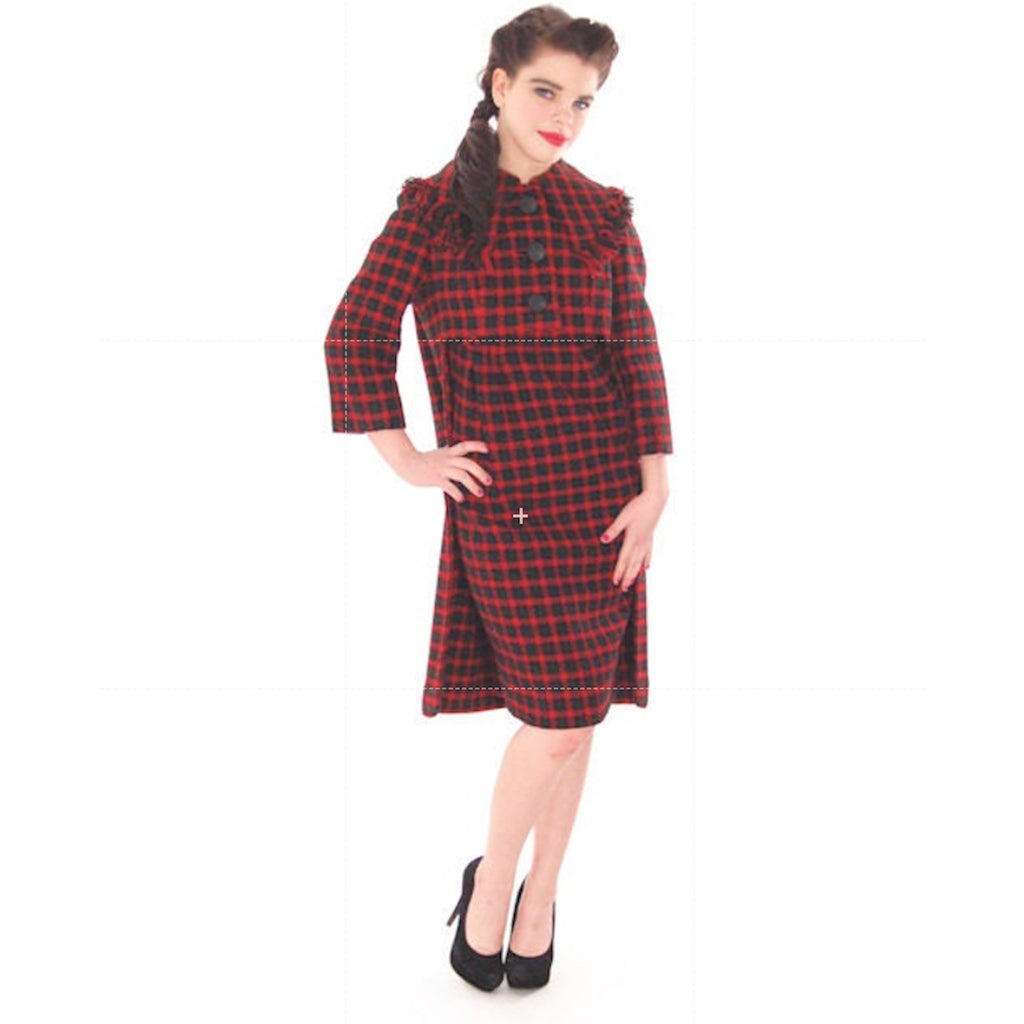 VTG 60s James Galanos Couture Plaid Wool Dress & Coat Red Green Empire Waist S-M James Galanos