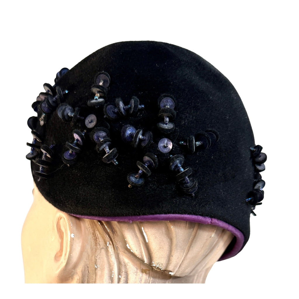 Hattie Carnegie 1950s Womens VTG hat Navy Blue Eclaire Wool Sequin Bead Baubles Hattie Carnegie