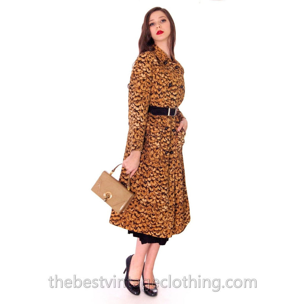 VTG 60s 70s Jeanne Lanvin Paris Feather Print Trench Coat Mob Wife Glam Sz L Lanvin