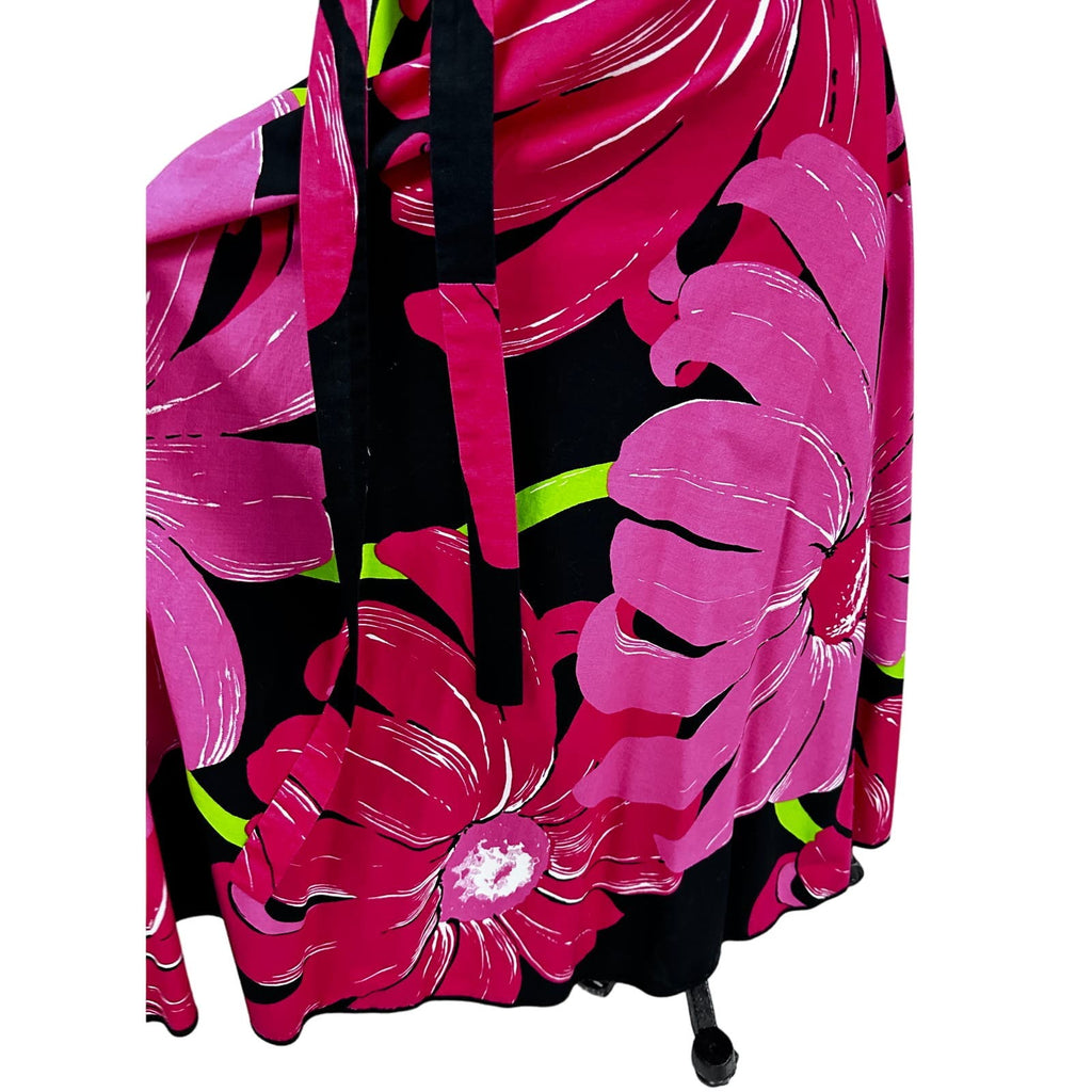 Stunning 70s VTG Hot Pink & Black Floral Wrap Maxi Skirt Marimekko Style O/S Unbranded