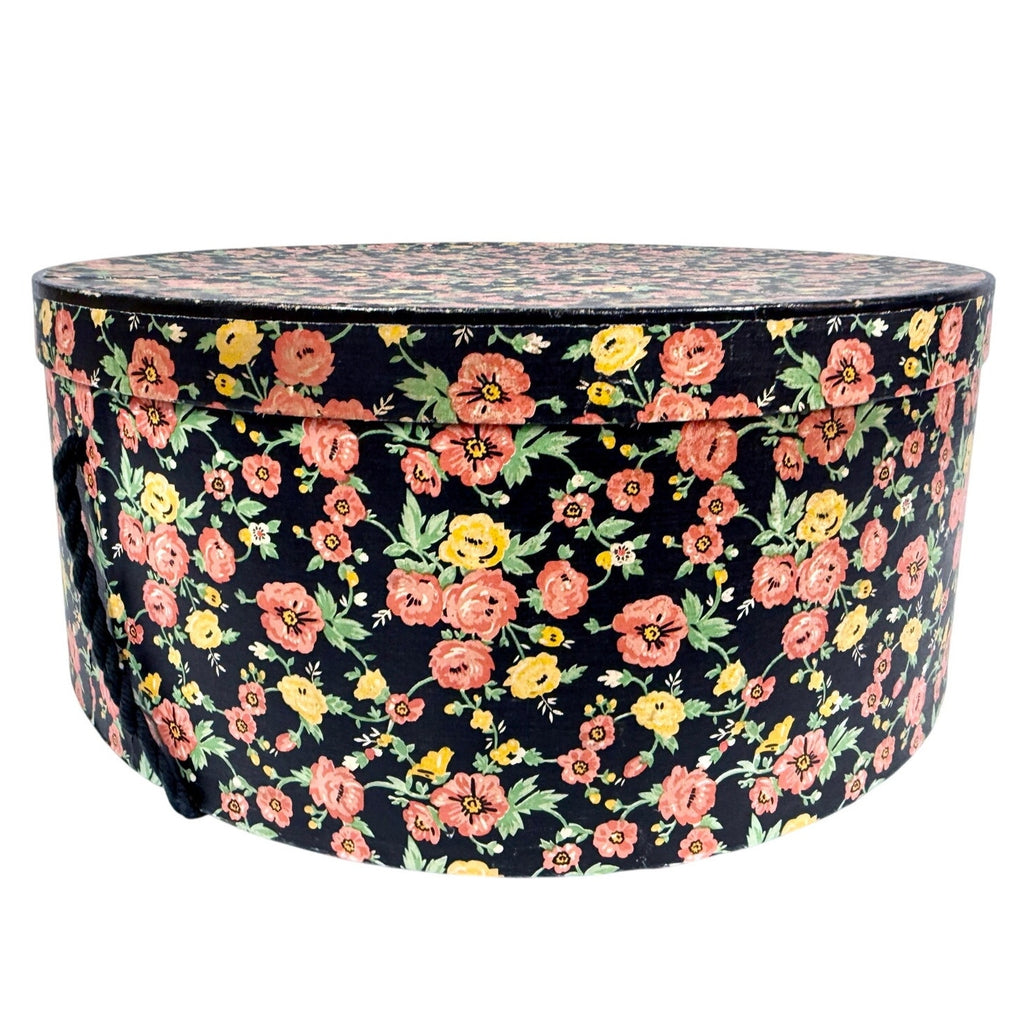 1940s-50s XL vintage wallpaper hat box Pink Flowers on Black 18" x 7" Wide Brim Unbranded