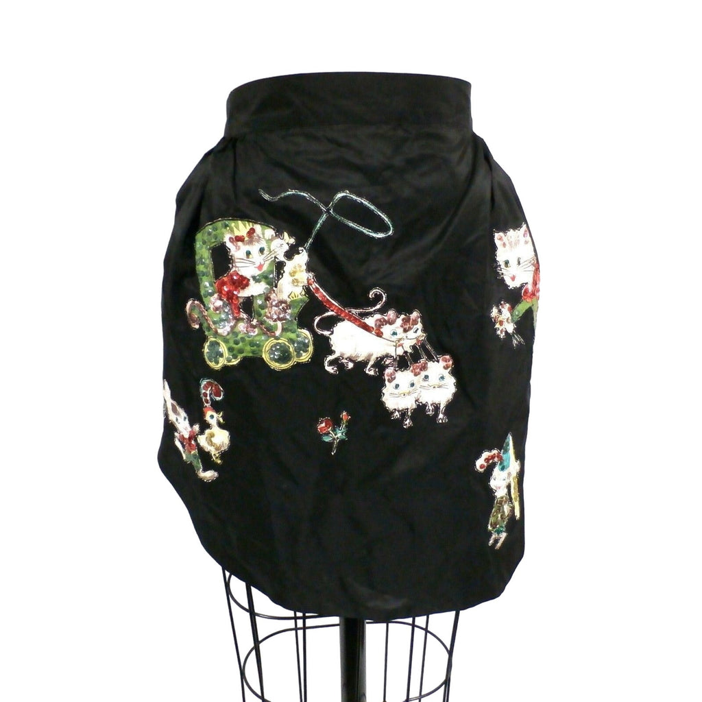Retro VTG 50s Kitchen Apron Black Taffeta Kittens Cat Appliques Sequins Sue-Set Sue-Set