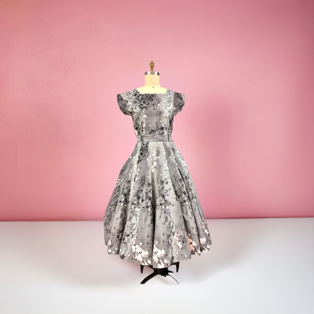 1950s VTG Philmont Sportswear of Miami Grey/Pink Floral Circle Skirt Set M/L Philmont Sportswear