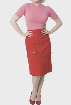 VTG 1950s Lipstick Red Wool Pencil Skirt Passementerie Trim Mod Femme Fatale Women's,New Arrivals The Best Vintage Clothing