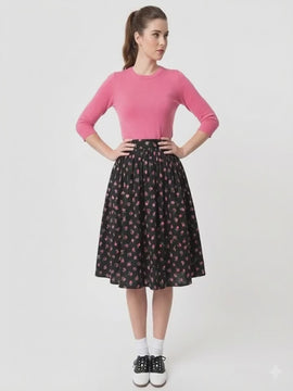 VTG 1940s Black Cotton Skirt Pink Rose Print Full Fairy Kei Romantic M 28" Waist Women's,New Arrivals The Best Vintage Clothing