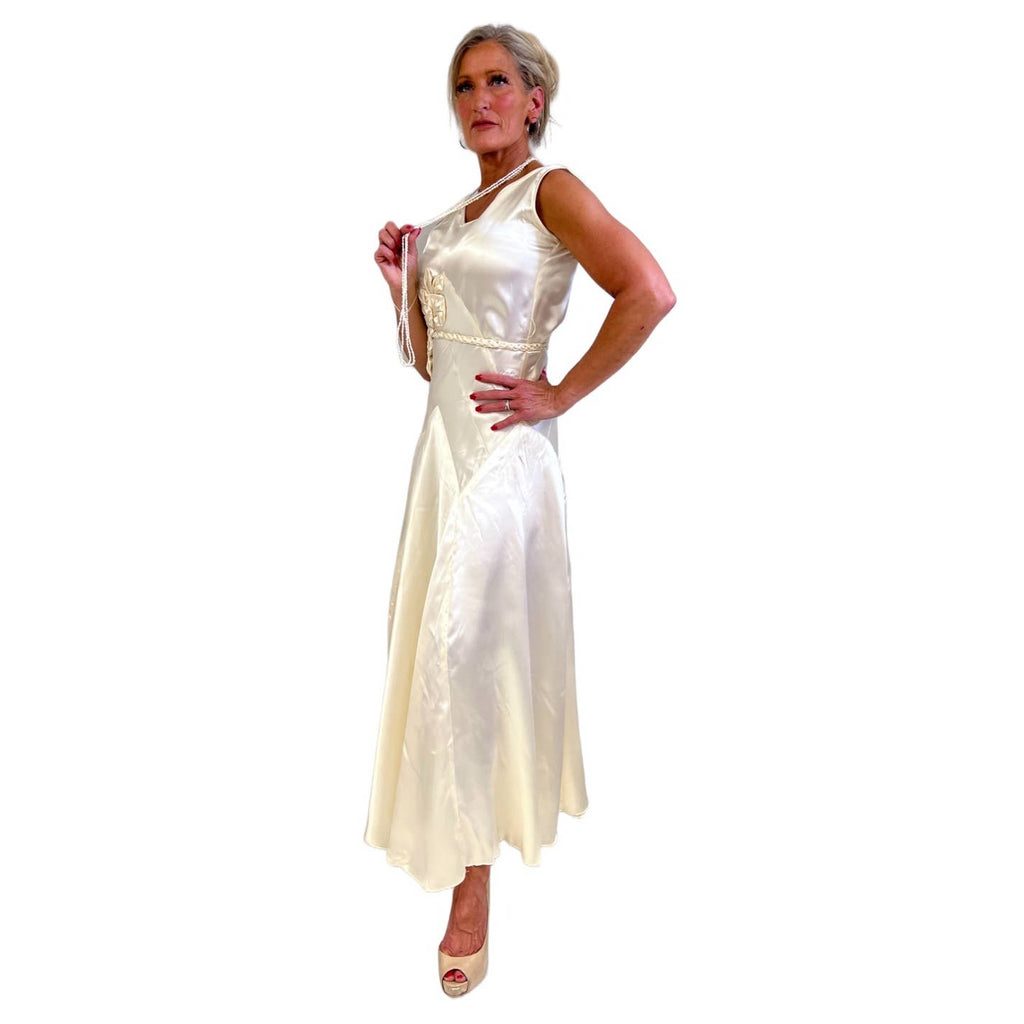 VTg 1930s Bias-Cut Wedding Gown Ivory Satin Small Unbranded
