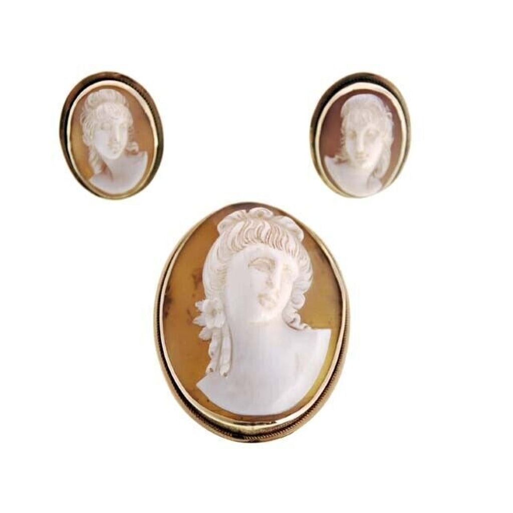 VTG 1800s 14K Gold Cameo Brooch & Earrings Set Grand Tour Roman Classical Beauty Unbranded