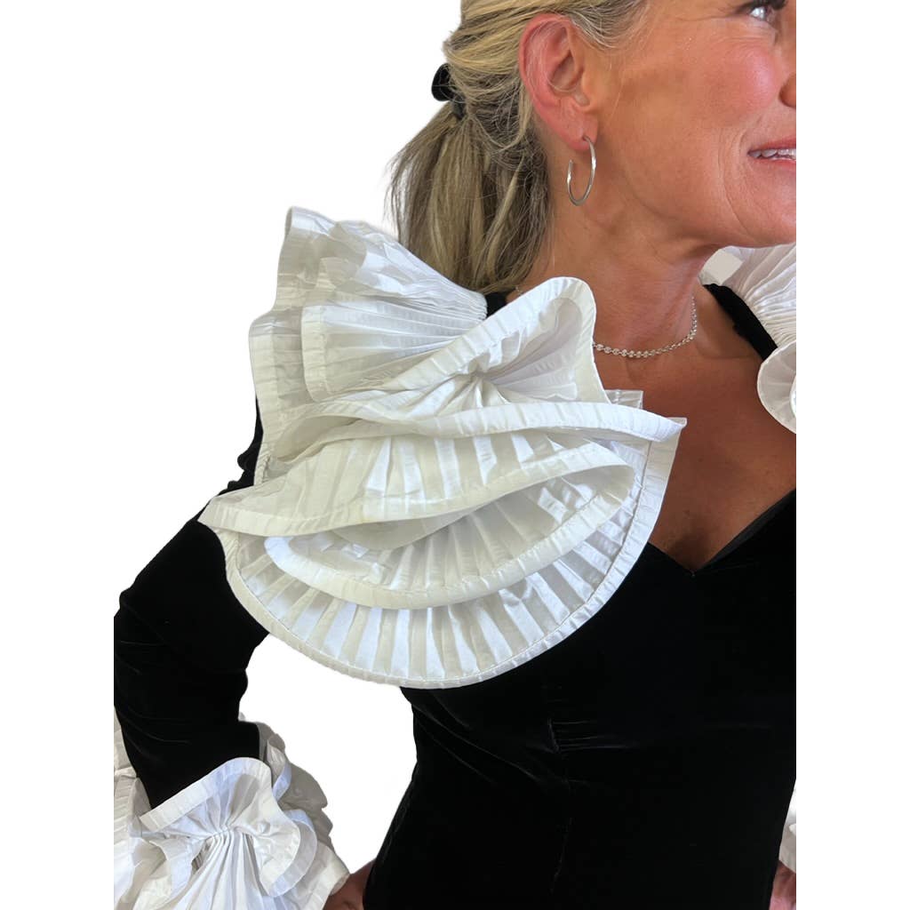 Mob Wife 80s Lillie Rubin Black Stretch Velvet Dress Huge Ruffled Neckline Open Back S Lillie Rubin