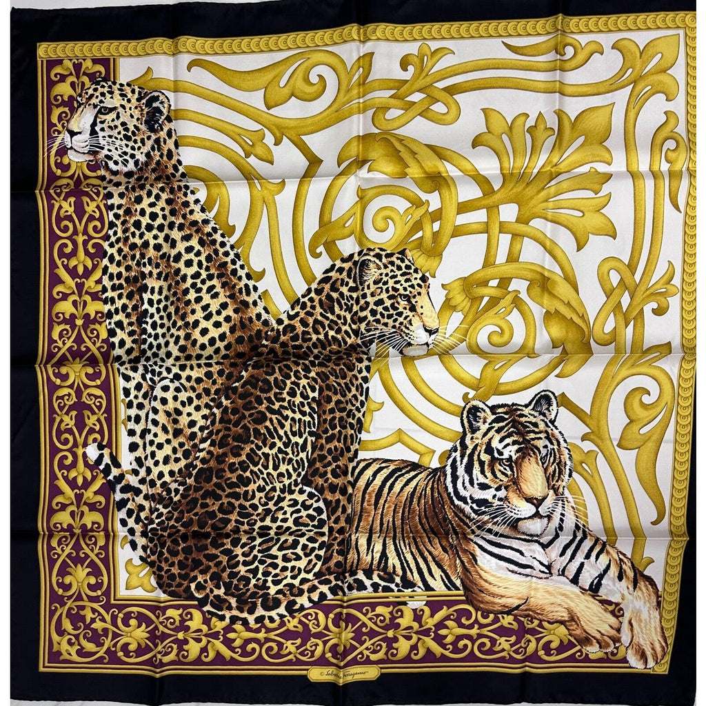 VTG NIB Salvatore Ferragamo Womens 100% Silk Square Scarf Tigers 34" New Arrivals Salvatore Ferragamo