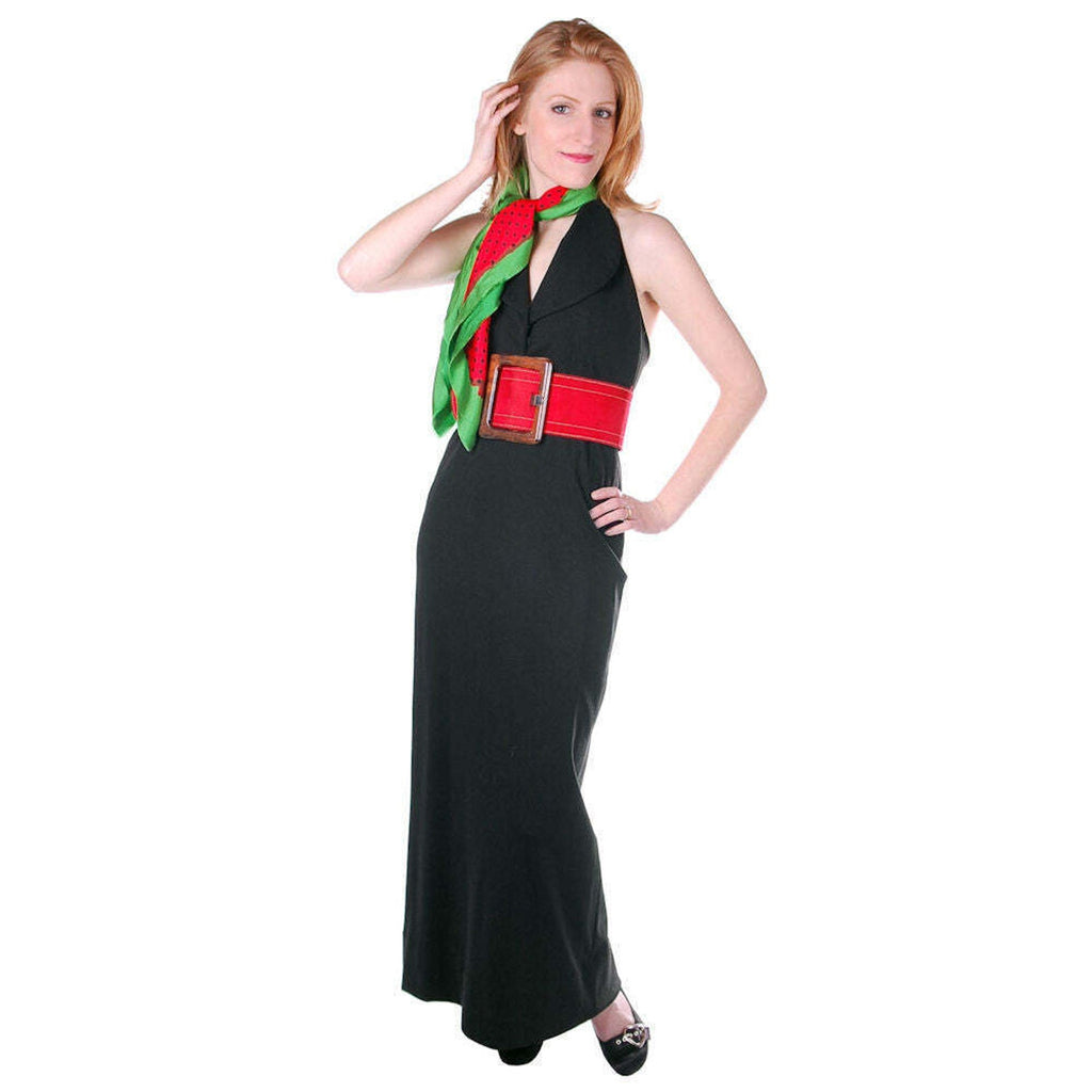VTG 70s Geoffrey Beene Black Silk Jersey Column Gown Red Suede Belt & Scarf Geoffrey Beene