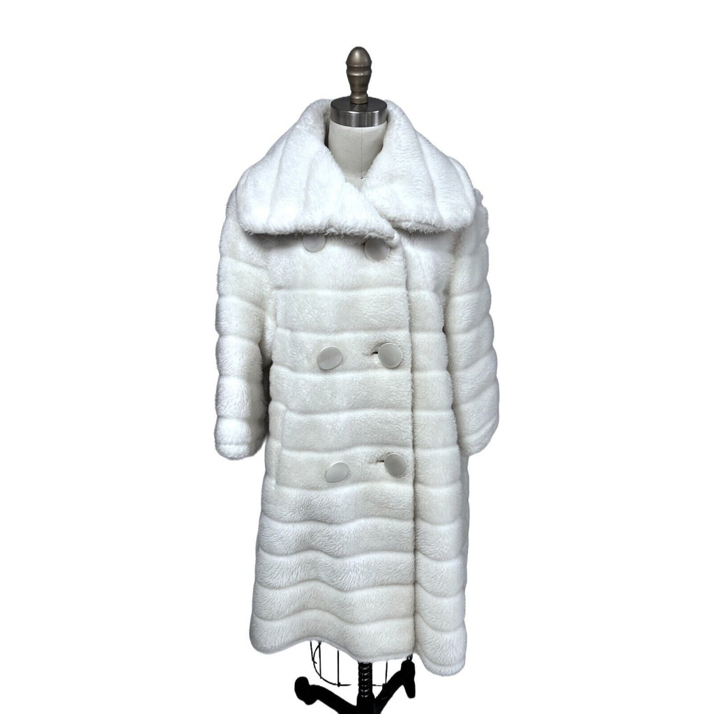 1950s Retro Womens Ivory Swing Coat Faux Fur Huge Buttons S/M 3/4 Bell Sleeves Unbranded