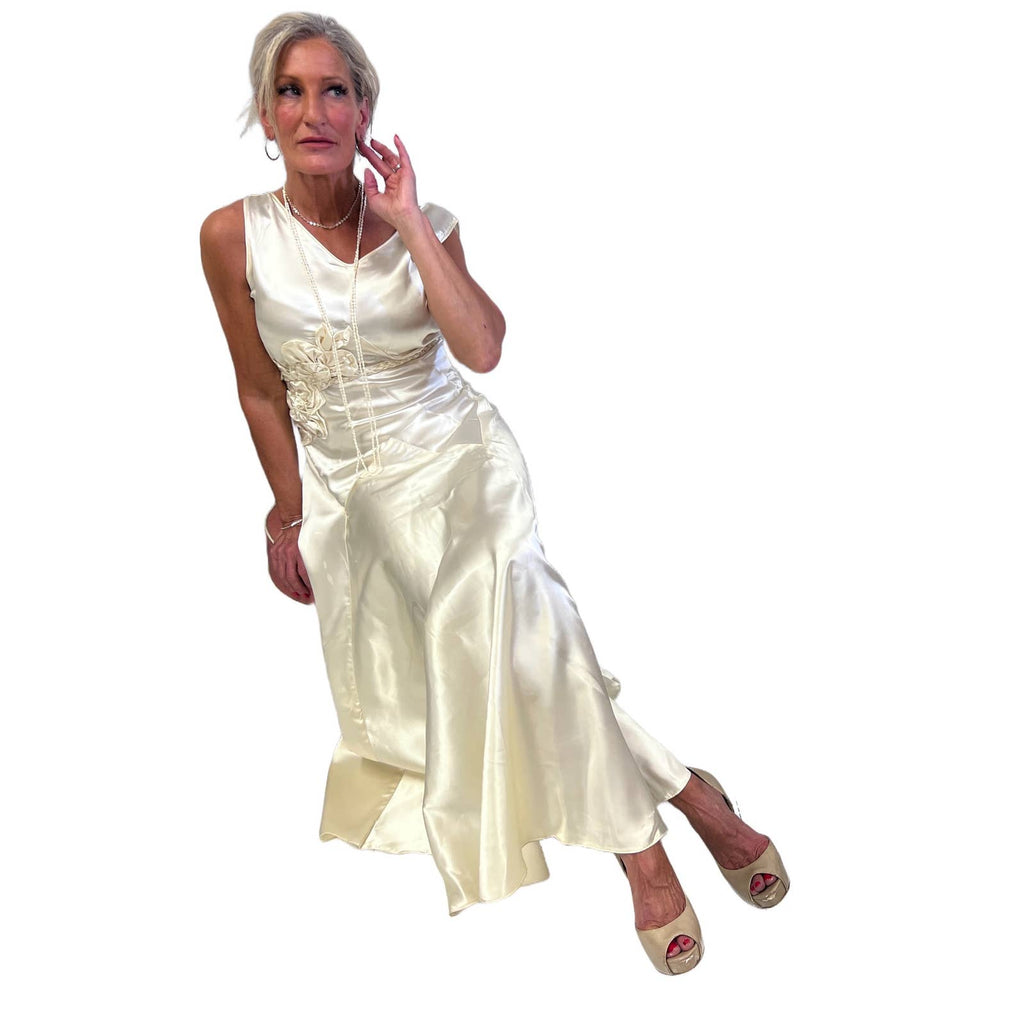 VTg 1930s Bias-Cut Wedding Gown Ivory Satin Small Unbranded