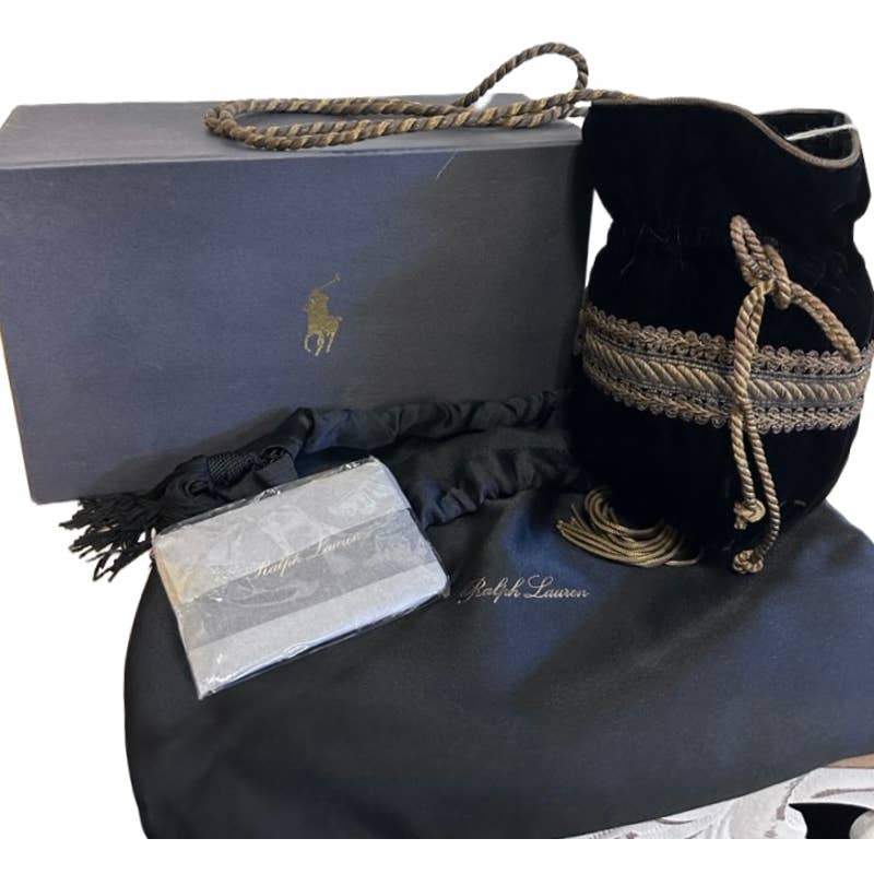 80s Ralph Lauren Polo Vtg Velvet Mini Bag Drawstring Gold Bullion NIB France Ralph Lauren