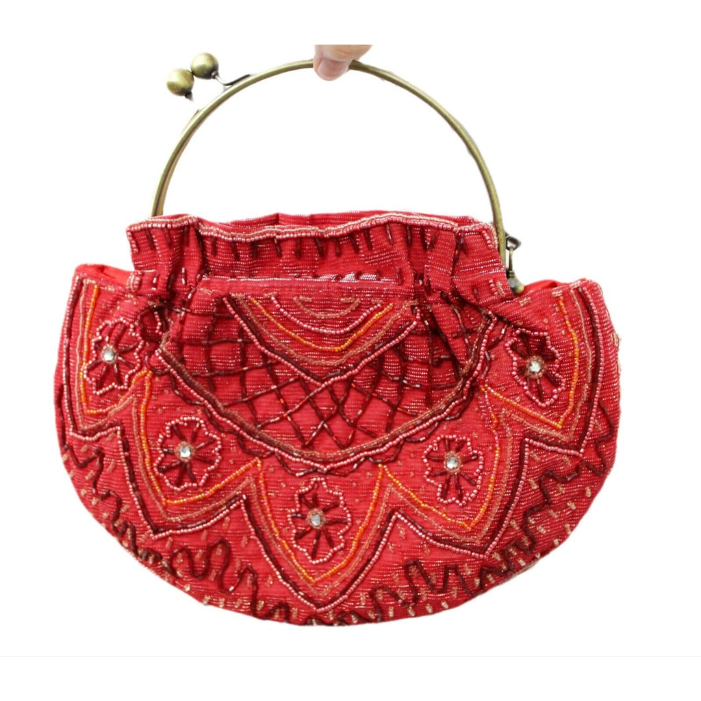 April Cornell Purse Beaded Red Retro Round Brass Metal Clasp Chain Strap 80s April Cornell