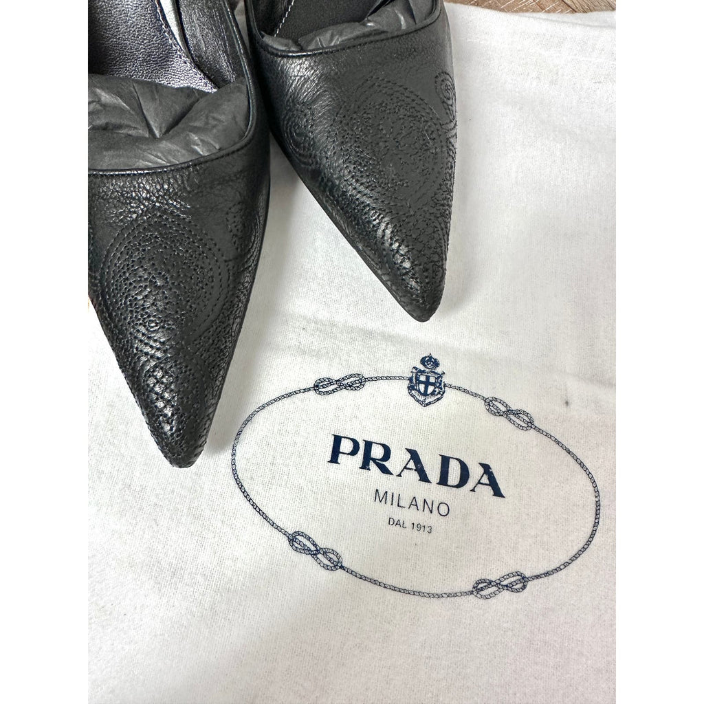 Prada Calzature Donna NIB vtg Stiletto heels nero black Perf Size 37.5/7.5 RARE Prada