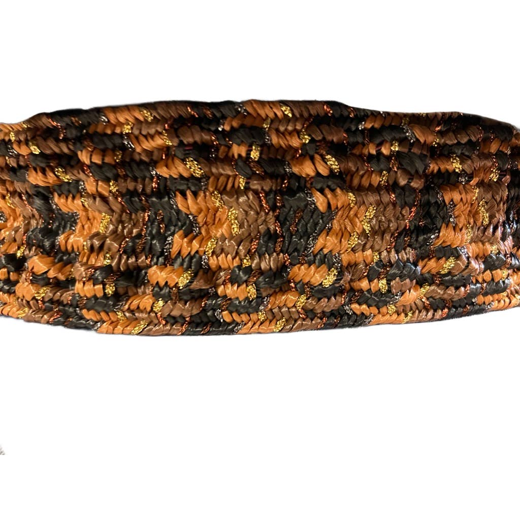 Vintage 80s Belt Solid Copper Buckle, Basketweave Leather and stretch Straw unbranded