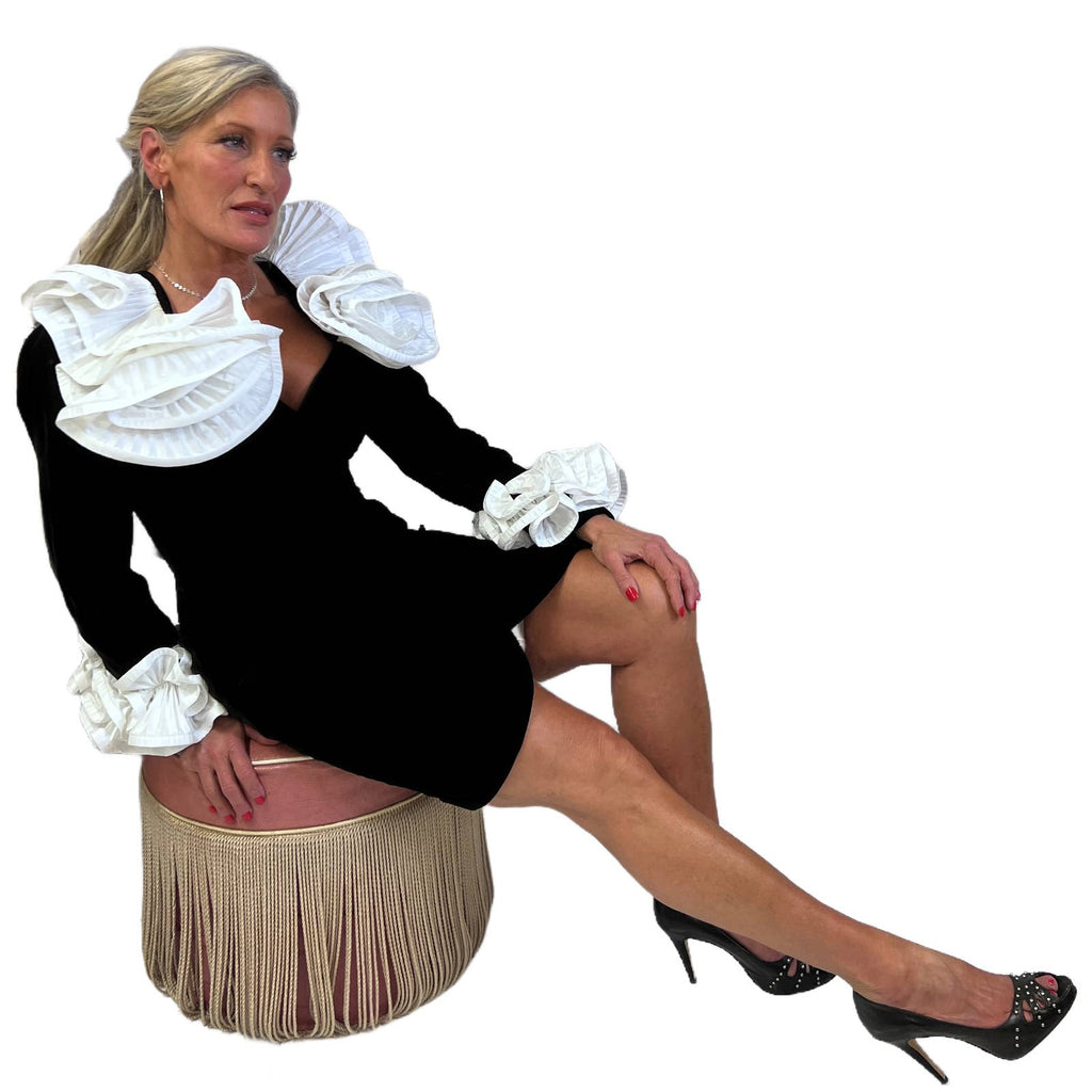 Mob Wife 80s Lillie Rubin Black Stretch Velvet Dress Huge Ruffled Neckline Open Back S Lillie Rubin