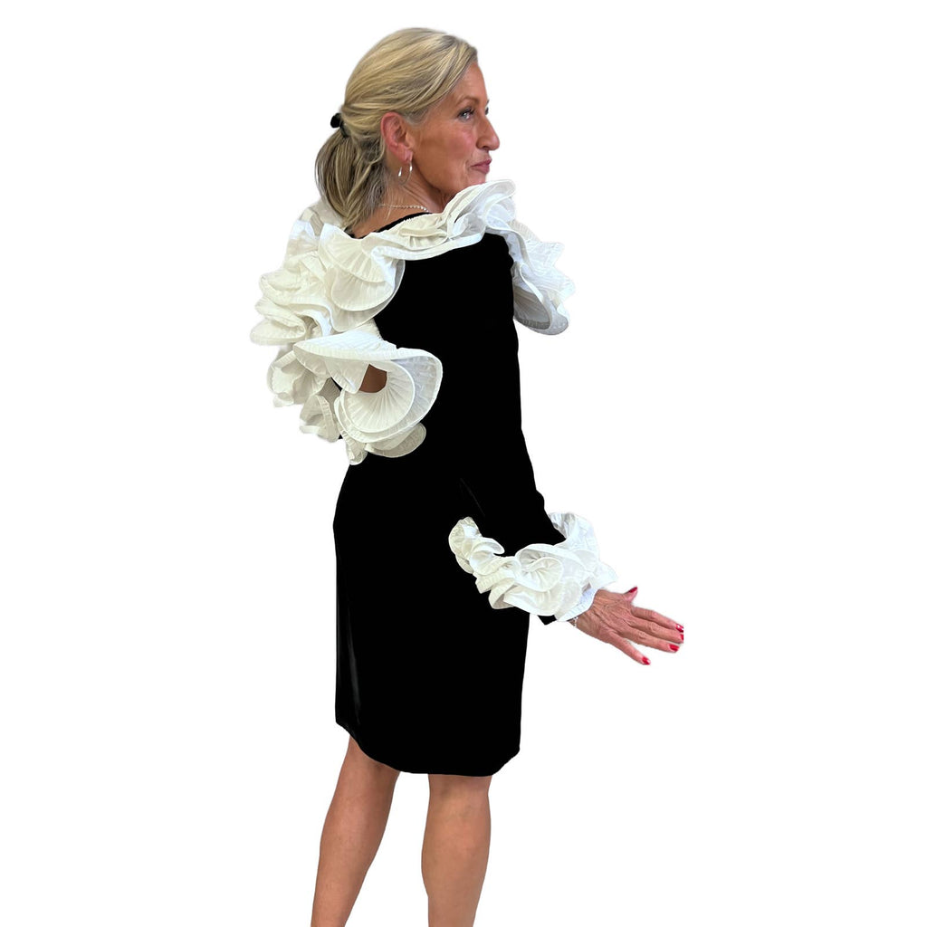 Mob Wife 80s Lillie Rubin Black Stretch Velvet Dress Huge Ruffled Neckline Open Back S Lillie Rubin