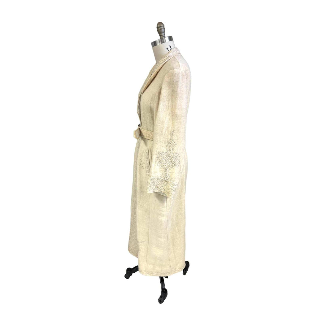 Antique Handwoven Wool Coat Edwardian Cream Embroidered L/XL Womens 1910s coat Handmade