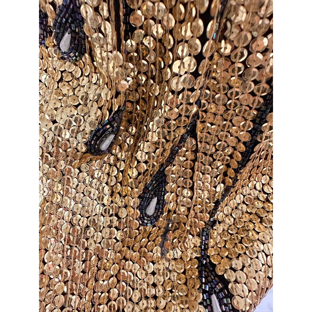 VTG 80s Gold Sequined Skirt Beaded Peacock Feather Design Sz S New Arrivals Unbranded