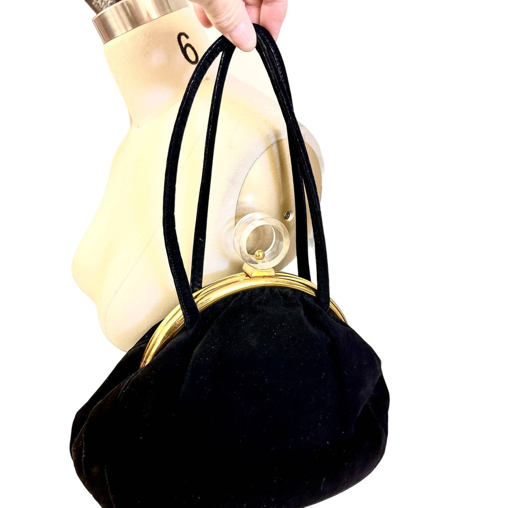 VTG 1940s Black Top Handle Purse Gold Frame Lucite Circle Clasp New Arrivals The Best Vintage Clothing