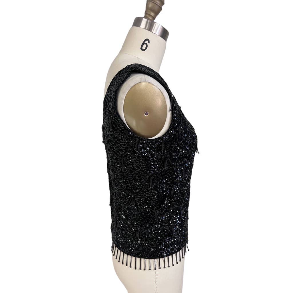 Vintage Marianne Fashions Beaded Wool Shell Black NWT L 1950s Hong Kong Marianne