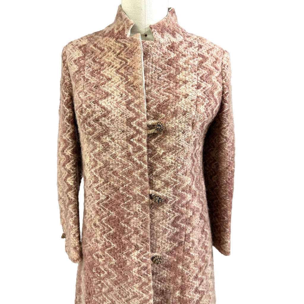 VTG 1970s Retro Womens Coat Rusty Zigzag Woven Wool w/ Rhinestone Cone Buttons Sz S/M coat Handmade