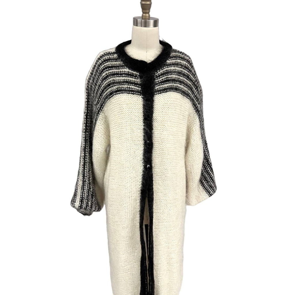 80s VTG Nannell Mohair Lined Sweater Coat Cream/Blk Sz M Striking Stripes New Arrivals Nannell