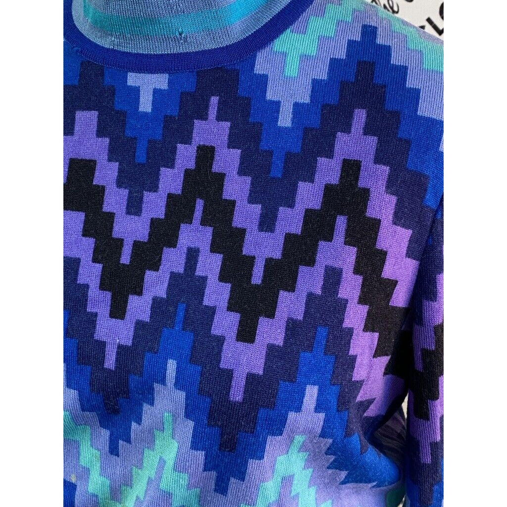 VTG 1970s GOLDWORM KNIT Italy Blue Geometric MAXI-DRESS Sz M Goldworm