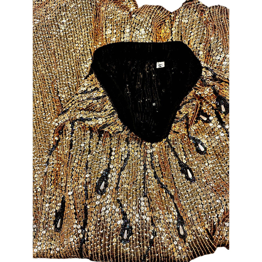 VTG 80s Gold Sequined Skirt Beaded Peacock Feather Design Sz S New Arrivals Unbranded