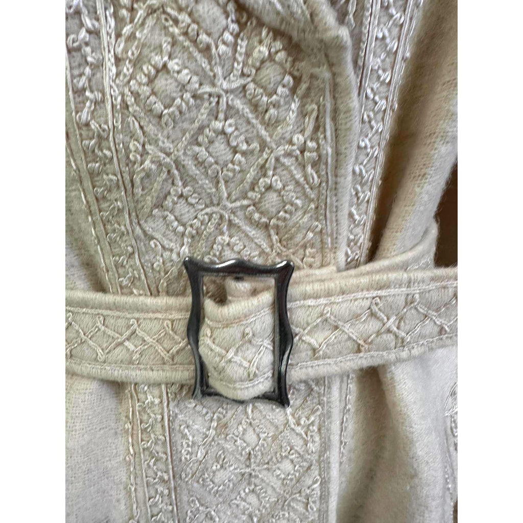 Antique Handwoven Wool Coat Edwardian Cream Embroidered L/XL Womens 1910s coat Handmade