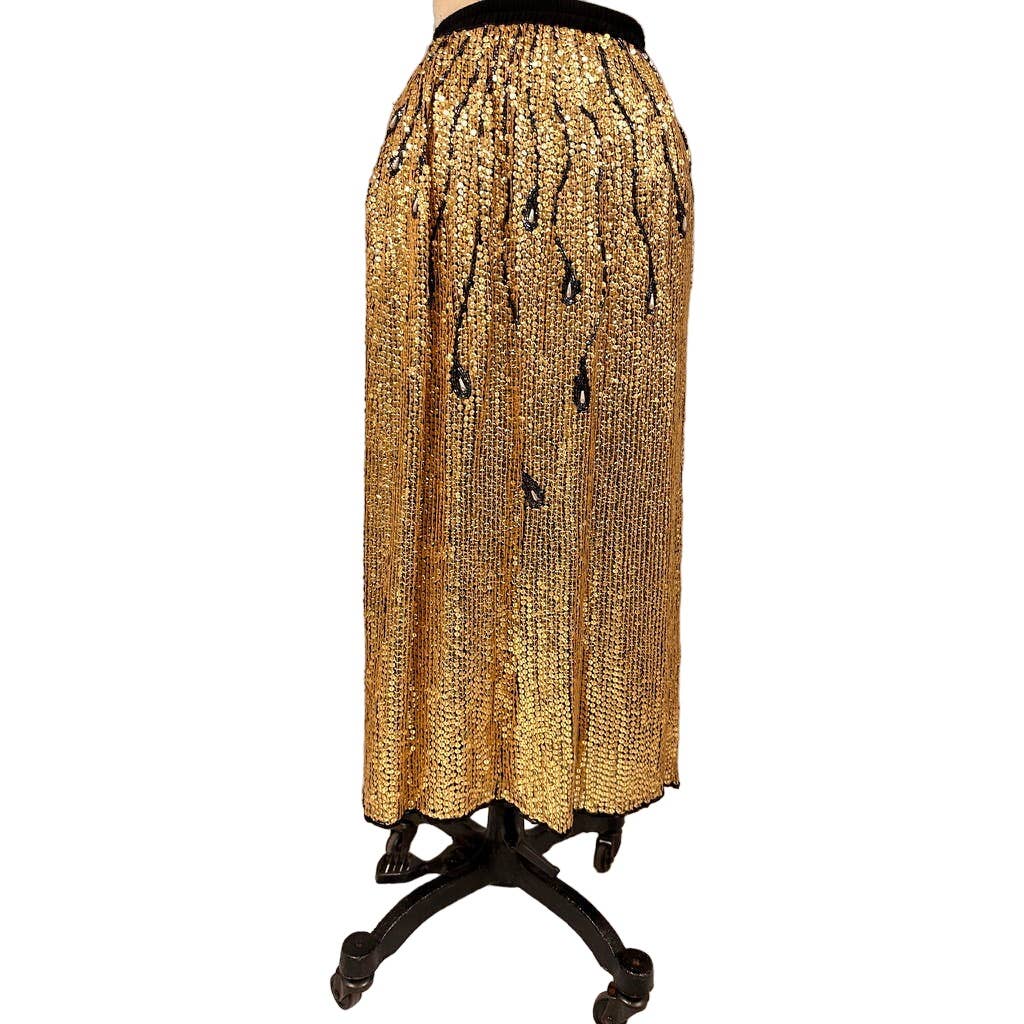 VTG 80s Gold Sequined Skirt Beaded Peacock Feather Design Sz S New Arrivals Unbranded