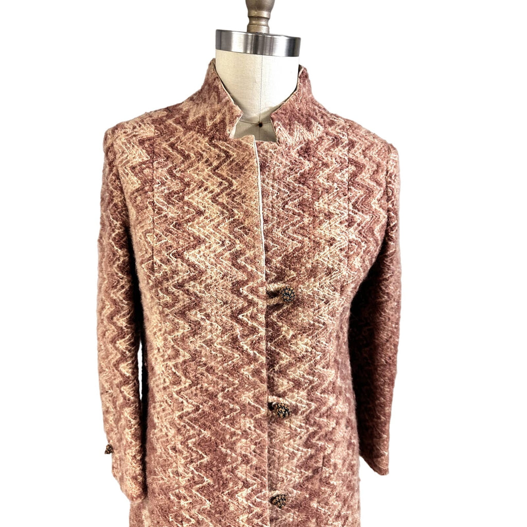 VTG 1970s Retro Womens Coat Rusty Zigzag Woven Wool w/ Rhinestone Cone Buttons Sz S/M coat Handmade