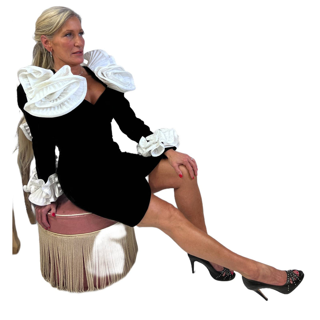 Mob Wife 80s Lillie Rubin Black Stretch Velvet Dress Huge Ruffled Neckline Open Back S Lillie Rubin